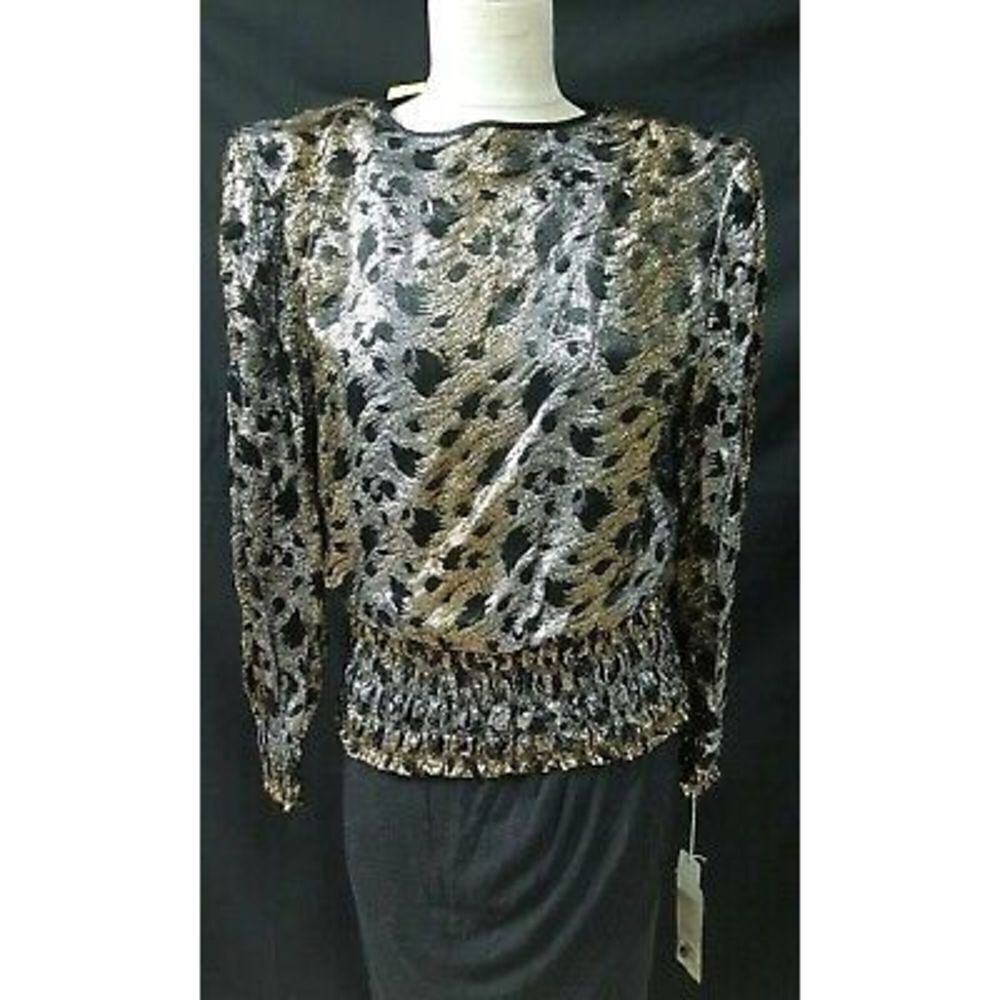 Rimini Black Gold Metallic Shirt Sz Medium Shirred Waist  Dressy Vintage